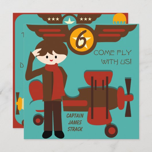 Brunette Boy Pilot Birthday Uitnodigingen (Voorkant / Achterkant)