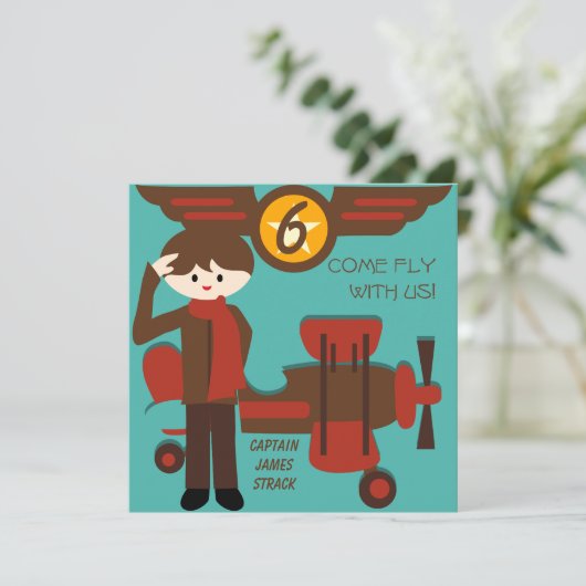 Brunette Boy Pilot Birthday Uitnodigingen (Staand voorkant)