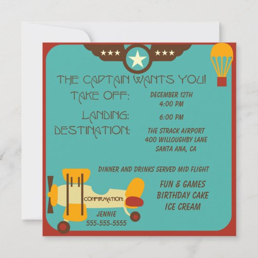 Brunette Boy Pilot Birthday Uitnodigingen (Achterkant)