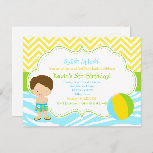 Brunette Boy Pool Party Bash Briefkaart (Voorkant / Achterkant)