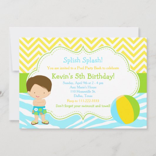 Brunette Boy Pool Party Bash Kaart (Voorkant)