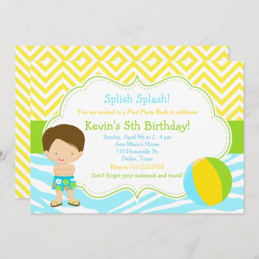 Brunette Boy Pool Party Bash Kaart (Voorkant / Achterkant)