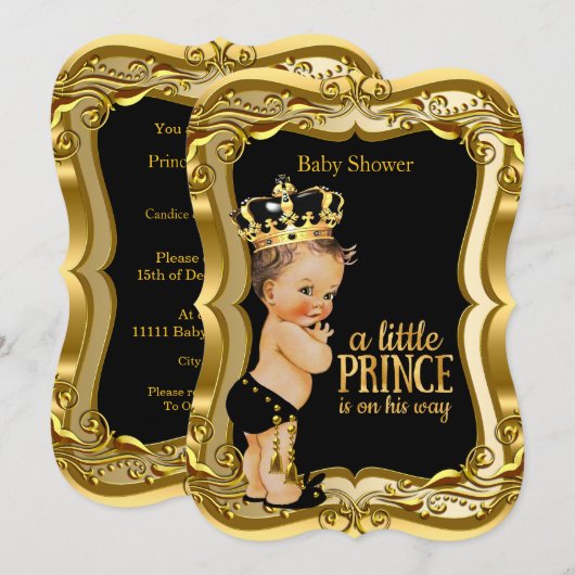 Brunette Boy Prince Baby shower Black Gold Kaart (Voorkant / Achterkant)