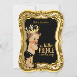 Brunette Boy Prince Baby shower Black Gold Kaart