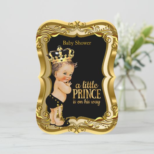 Brunette Boy Prince Baby shower Black Gold Kaart (Staand voorkant)
