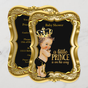 Brunette Boy Prince Baby shower Black Gold Kaart