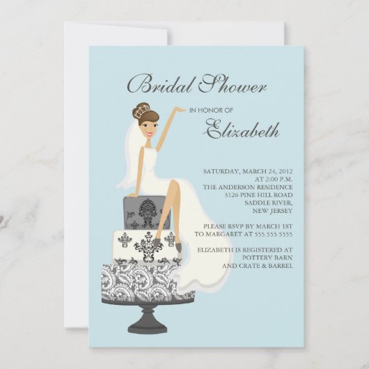 Brunette Bride Bridal Shower Invitation Blue Gray Kaart (Voorkant)