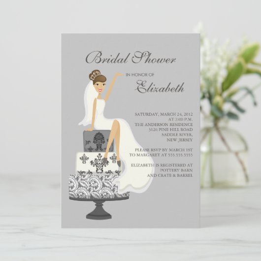 Brunette Bride Bridal Shower Invitation Gray Kaart (Staand voorkant)