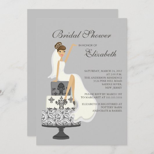 Brunette Bride Bridal Shower Invitation Gray Kaart (Voorkant / Achterkant)