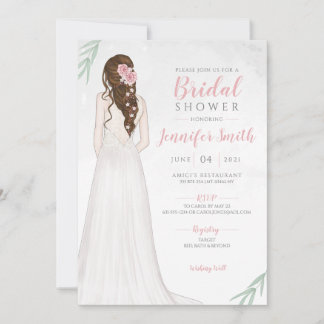 Brunette Bride in Dress Bridal Shower Invitation Kaart