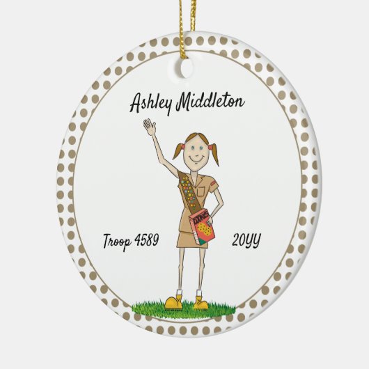 Brunette Brownie Girl Scouting Brown Polka-Stippen Keramisch Ornament (Links)