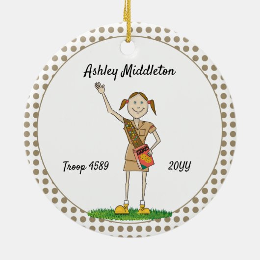 Brunette Brownie Girl Scouting Brown Polka-Stippen Keramisch Ornament (Achterkant)