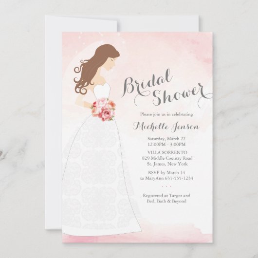 Brunette bruid in jurk bruids douche uitnodiging (Voorkant)