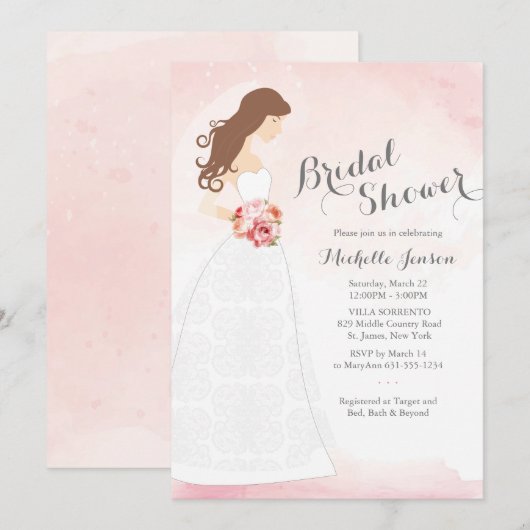 Brunette bruid in jurk bruids douche uitnodiging (Voorkant / Achterkant)