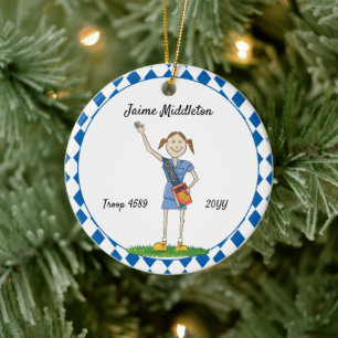 Brunette Cadette Girl Scouting Blue Diamond Keramisch Ornament