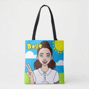 Brunette Cartoon Girl School Student Name Library Tote Bag