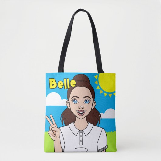 Brunette Cartoon Girl School Student Name Library Tote Bag (Voorkant)