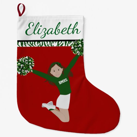Brunette Cheerleader in Green and White Grote Kerstsok (Voorkant)