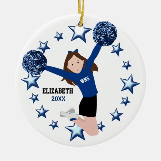 Brunette Cheerleader pom poms in Blue & Black Keramisch Ornament (Voorkant)