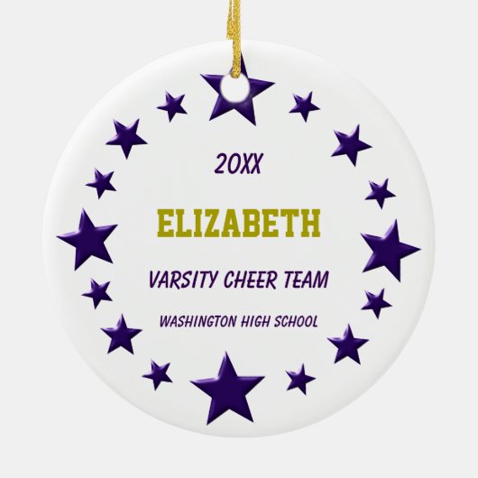 Brunette Cheerleader pom poms in het Paars en goud Keramisch Ornament (Achterkant)