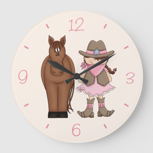 Brunette Cowgirl en Horse Wall Clock Grote Klok (Voorkant)