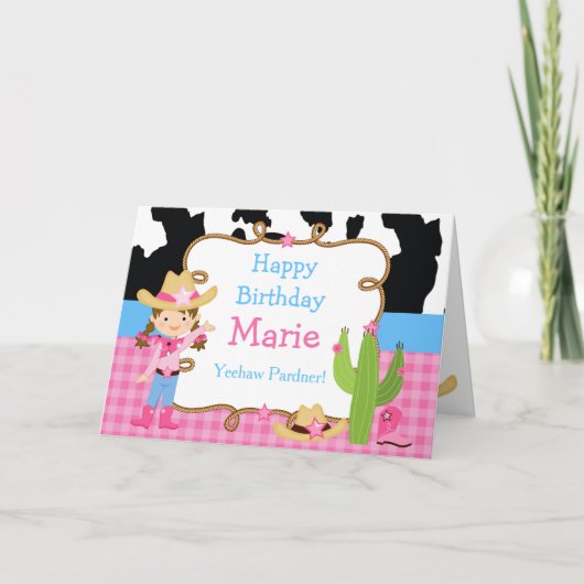 Brunette Cowgirl Westerne Birthday Party Kaart (Voorkant)