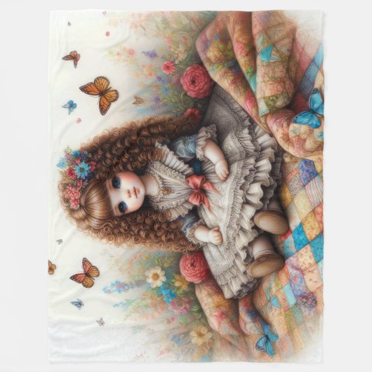 Brunette Curly Haired Doll op Quilt Fleece Deken (Voorkant)