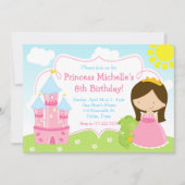 Brunette Cute Princess and Dragon Birthday Party Kaart (Voorkant)