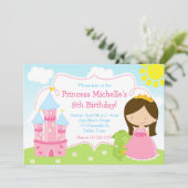 Brunette Cute Princess and Dragon Birthday Party Kaart (Staand voorkant)