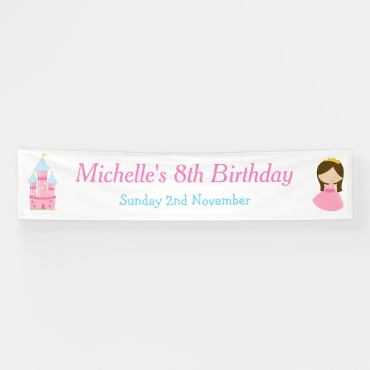 Brunette Cute Princess and Dragon Birthday Party Spandoek (Horizontaal)