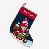 Brunette Elf Boy met Rudolph Kleine Kerstsok (Voorkant (Hangend))