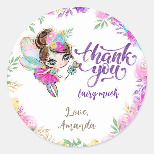 Brunette Fairy Magical Birthday Party Dank je Ronde Sticker (Voorkant)