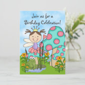 Brunette Fairy Princess en Frog Verjaardag Uitnodi Kaart (Staand voorkant)