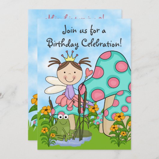 Brunette Fairy Princess en Frog Verjaardag Uitnodi Kaart (Voorkant / Achterkant)