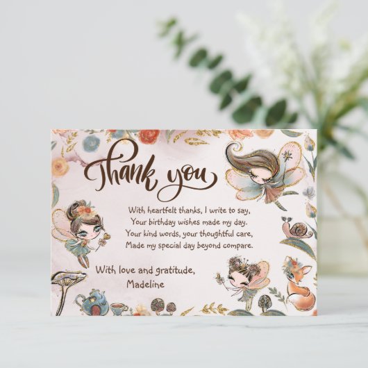 Brunette Fairy Verjaardag Enchanted Forest Bedankkaart (Staand voorkant)