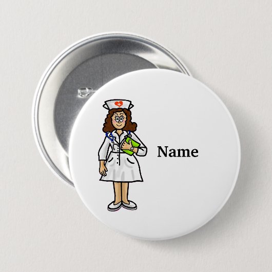 Brunette Female Nurse Button  Add Name! (Voorkant /achterkant)