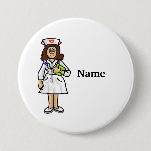 Brunette Female Nurse Button Add Name! (Voorkant)