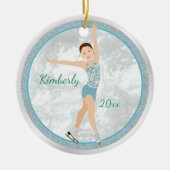 Brunette Figuur Skater in Aqua Keramisch Ornament (Voorkant)