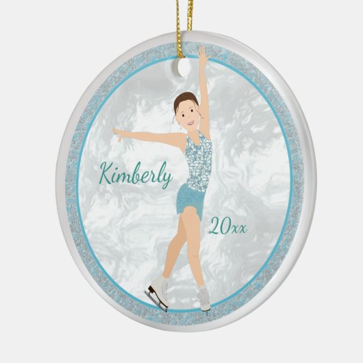 Brunette Figuur Skater in Aqua Keramisch Ornament (Links)