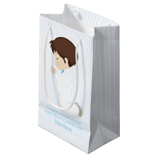 Brunette First Communion Boy Small Gift Bag Klein Cadeauzakje (Voorkant Gekanteld)