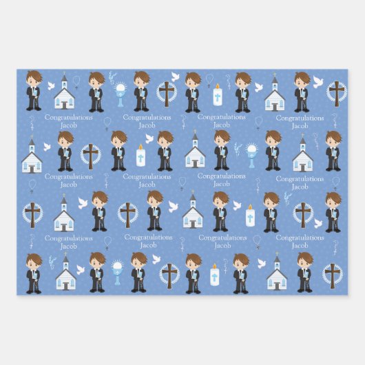 Brunette First Communion Boy Wrapping Paper Sheets (Voorkant 3)