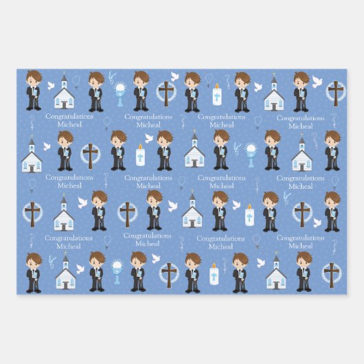 Brunette First Communion Boy Wrapping Paper Sheets (Voorkant 2)