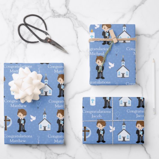 Brunette First Communion Boy Wrapping Paper Sheets (Voorkant)