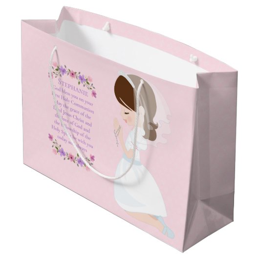 Brunette First Communion Gift Bag Groot Cadeauzakje (Achterkant Gekanteld)