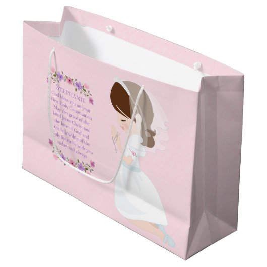 Brunette First Communion Gift Bag Groot Cadeauzakje (Voorkant Gekanteld)