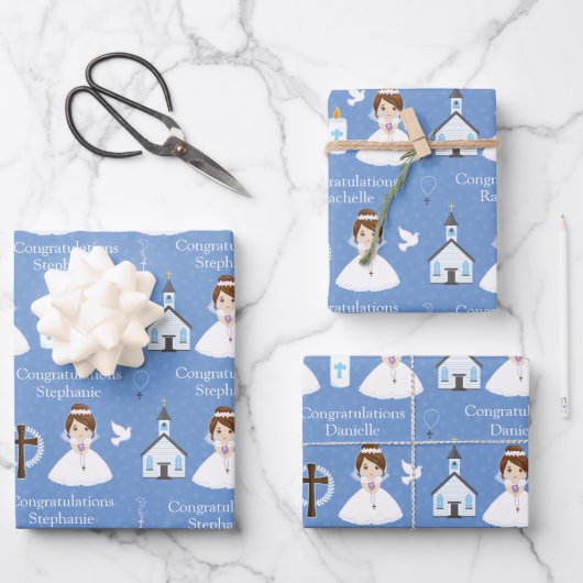 Brunette First Communion Girl Inpakpapier Vel (Voorkant)