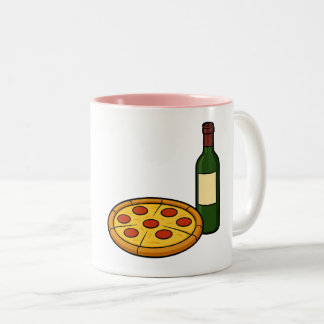Brunette geniet van wijn en pizza tweekleurige koffiemok