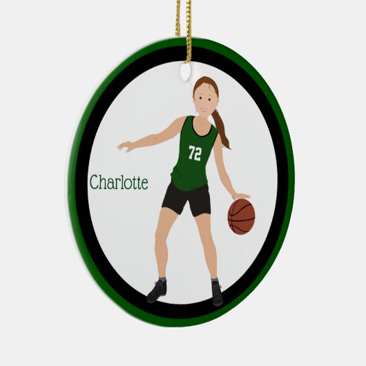 Brunette Girl Basketball Player in Green en Black Keramisch Ornament (Rechts)