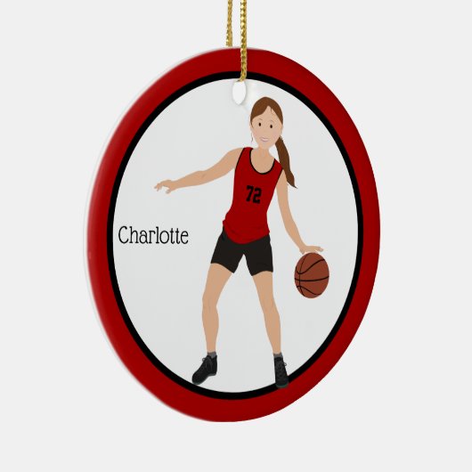 Brunette Girl Basketball Player in Red en Black Keramisch Ornament (Rechts)