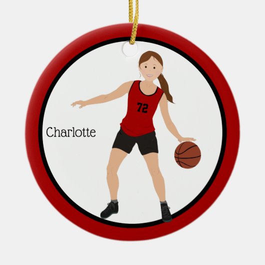 Brunette Girl Basketball Player in Red en Black Keramisch Ornament (Voorkant)